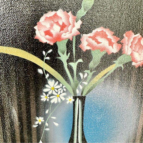 Vintage Airbrush Art Floral Vase Painting Gold Frame Carnation Flower Wall Hang - Picture 4 of 10